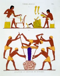 Tømrer- og farvningsgarn, fra en sjælden optegnelse af fresker fra Theben, optaget 1819-1822 på sit andet besøg i Egypten af Frederic Cailliaud (1787-1869), farve litho